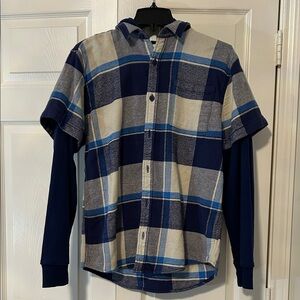 Kids Blue Plaid Button Down Shirt with Hoodie
